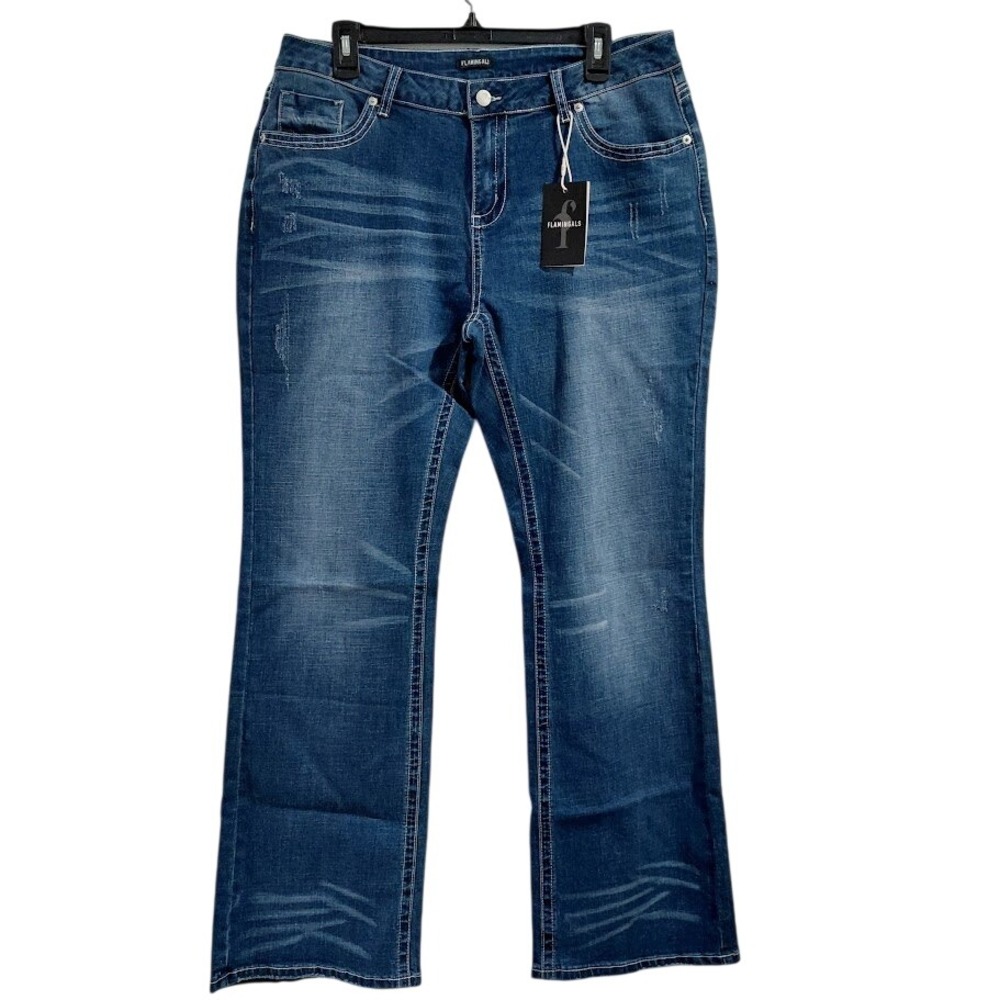 Flamingals Women's Jeans Bootcut Dark BLUE Wash Distressed Size 2XL